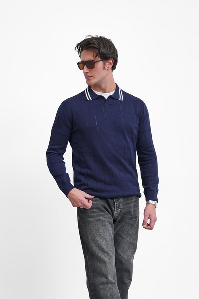 MODEFENDİ Cotton Lycra Slim Fit Cut-Off Collar Vertical Wide Line and Collar ...