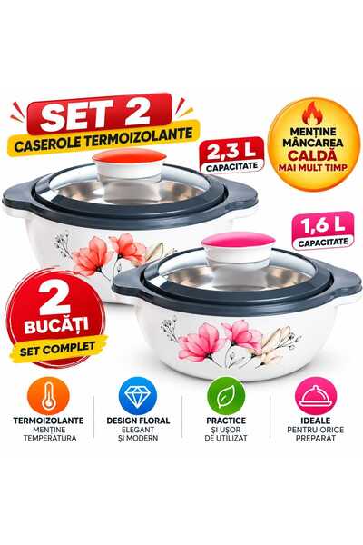 ANY SHOP MARKET Set of 2 Insulated Casseroles with Lids, 1.6 L and 2.3 L, Flo...
