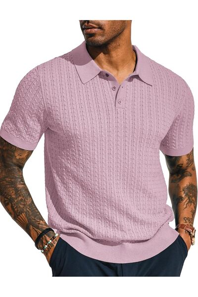 PJ PAUL JONES Mens Knit Polo Shirt Short Sleeve Hollow Out Knit Shirt Texture...