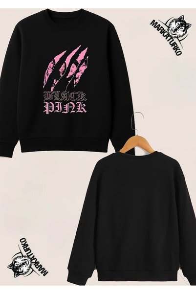 MarkaTurko Black Pink Special Design Back Printed Crew Neck Sweatshirt