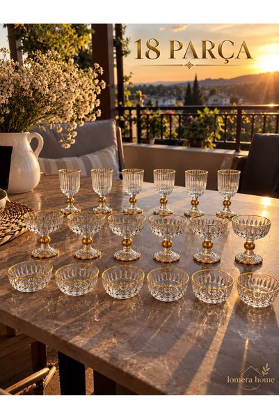 Lomera Home 18 Parça Gold Detaylı Kahve Yanı Su Bardağı, Ayaklı Lokumluk ve Ç...