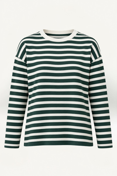Bipantolon Women's Crew Neck Thin Striped Green White Oversize Soft Textured ...