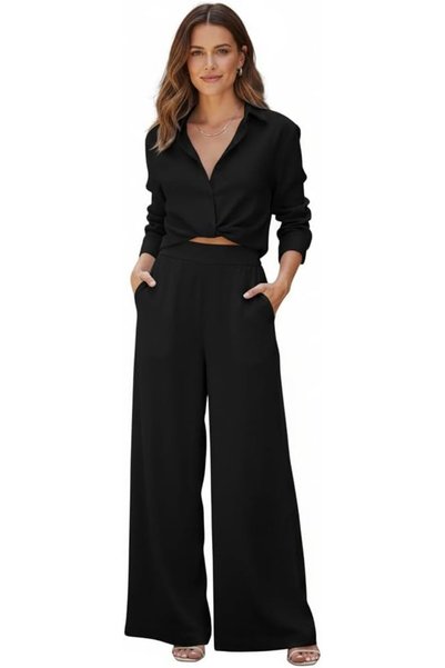 Generic Women's Linen Two Piece Set,Button Down Shirt and Wide Leg Trousers, ...