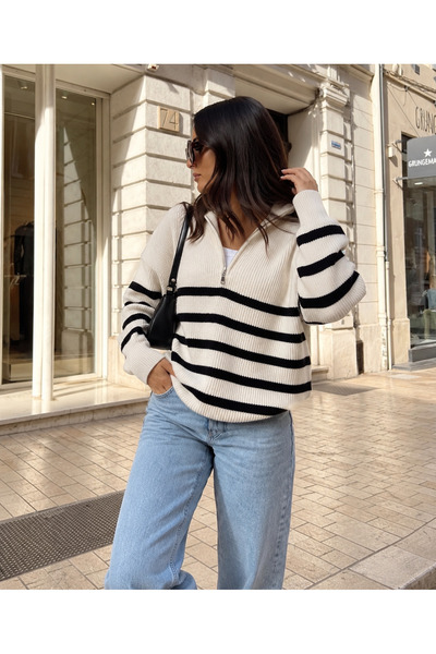 BEYUSİRA Women's Zippered Collar Striped Knitwear Sweater Oversize Relaxed Cu...