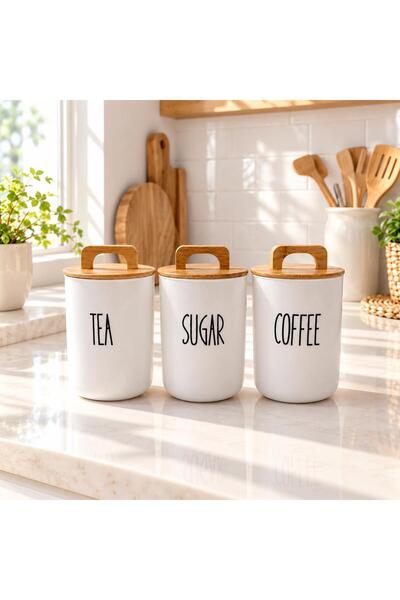 MODA OZY 3'lü Bambu Vakum Kapaklı Transfer Etiketli Akrilik (PLASTİK) Tea/Sugar/Coffe Kavanoz 900ml