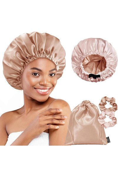 BONNET QUEEN قبعة نوم حريرية من الساتان مزدوجة الطبقات قابلة للعكس مع ربطة شع...