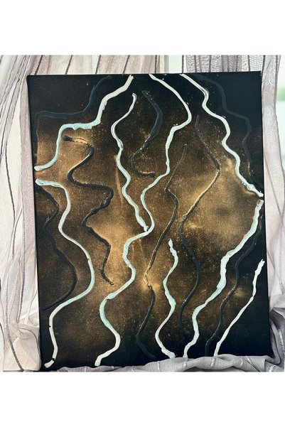 Dabris Decor Tablou abstract handmade, negru cu auriu și alb, pictură decorat...