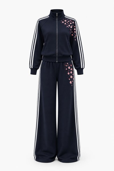 Violon Sakura Flower Embroidered Striped Zippered Tracksuit Set Navy Blue