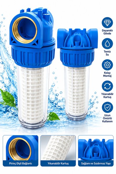 Aquafer 10 İnç 1 1/4 İnç Bağlantılı Yıkanabilir Kartuşlu Tortu Su Filtresi