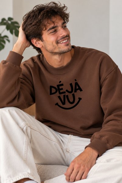 ArtYus Unisex Oversize Sweatshirt with Deja Vu Written Smile Detail – Crew Ne...