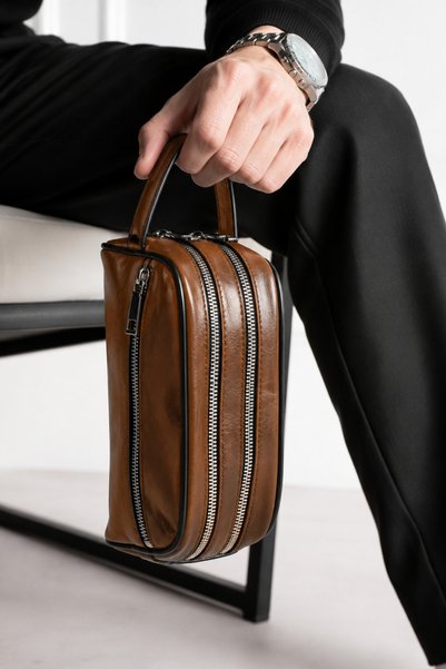 NahitaTyana Tan Genuine Leather Men's Shaving Portfolio & Clutch Care Bag wit...