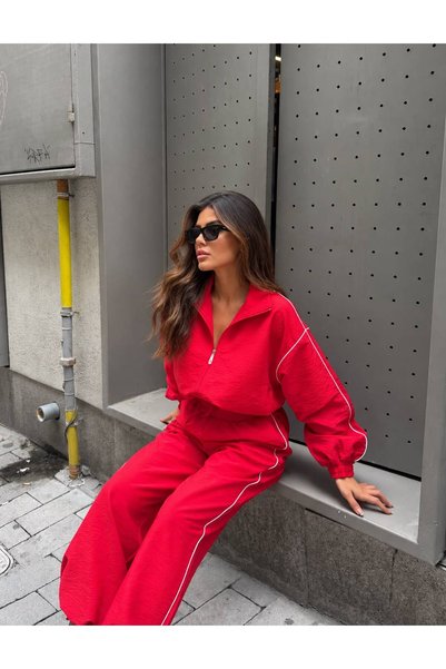 SUYA US WEAR طقم نسائي مكون من سترة قصيرة بسحّاب واسعة الحجم من قماش الباراشوت وبنطلون واسع الساقين