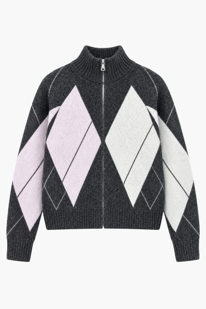 Bipantolon Women's Anthracite Pink Ecru Diamond Patterned Zippered High Colla...