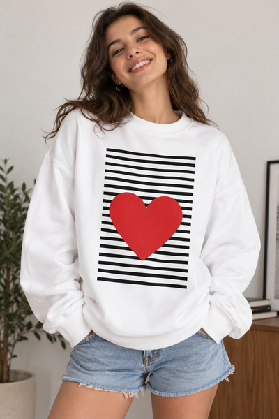 ArtYus Line Patterned Heart Printed Unisex Oversize Sweatshirt – Crew Neck Ca...