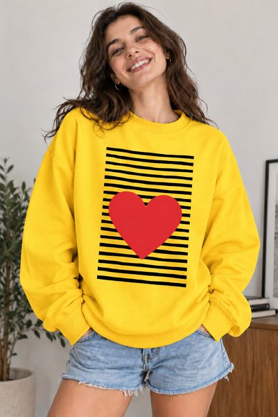 ArtYus Φούτερ Unisex Oversize με ριγέ σχέδιο και στάμπα καρδιάς – Χαλαρό, καθ...