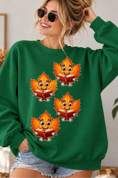 ArtYus Cute Autumn Leaves Reading a Book Printed Unisex Oversize Sweatshirt –...