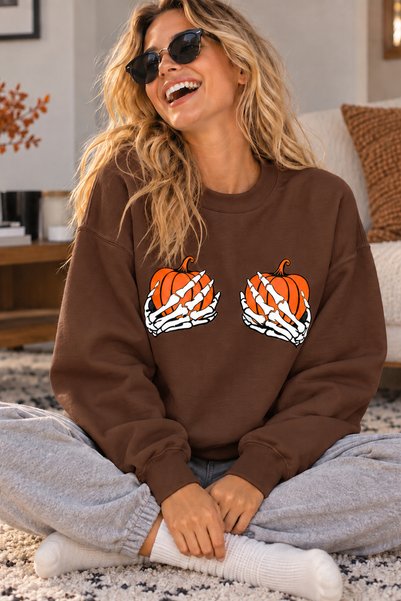 ArtYus Skeleton Hand and Pumpkin Printed Unisex Oversize Sweatshirt – Crew Ne...