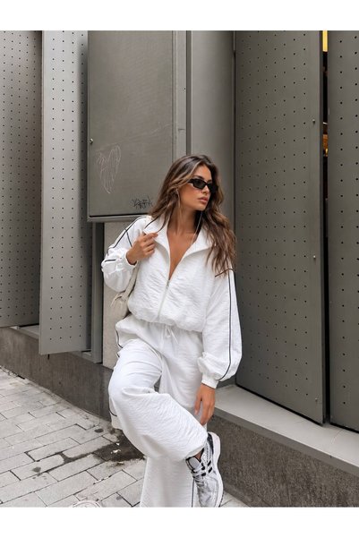 SUYA US WEAR طقم نسائي مكون من سترة قصيرة بسحّاب واسعة الحجم من قماش الباراشوت وبنطلون واسع الساقين