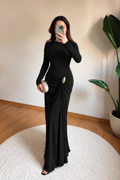 maf collection Γυναικείο μαύρο φόρεμα με λαιμόκοψη ποδηλάτου, υφασμάτινο ύφασ...