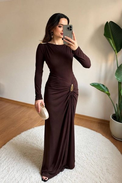 maf collection Γυναικείο μακρύ βραδινό φόρεμα αποφοίτησης σε καφέ χρώμα με λα...