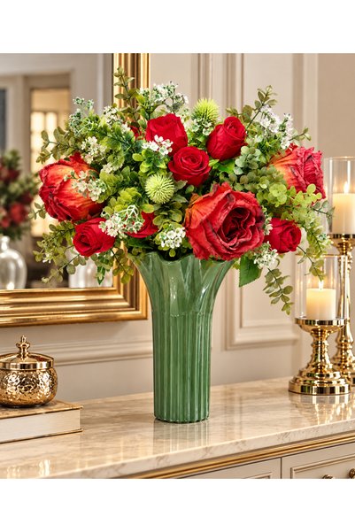 Genel Markalar SÖZ DEKOR Royal Red Rose - 30 cm Yeşil Cam Vazoda Kırmızı Gül ...