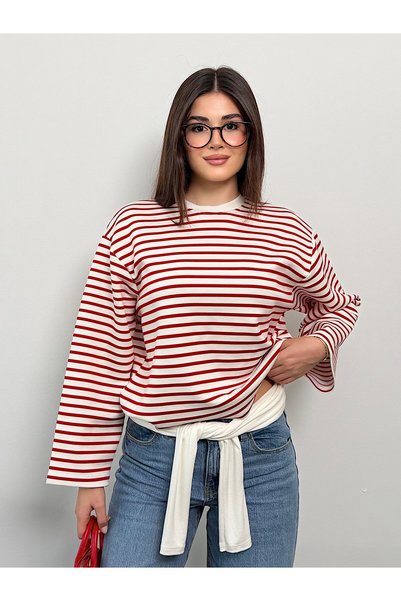 HKT HAK TEKSTİL Γυναικεία μπλούζα από ύφασμα Modal, ριγέ, μακρυμάνικη, oversized