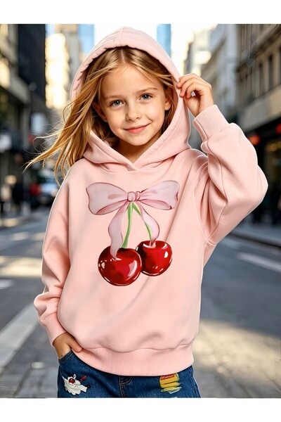 Kız Çocuk Moda Kapüşonlu Sweatshirt, Pembe Fiyonk Desenli Kırmızı Kiraz, Günlük Rahat Kapüşonlu