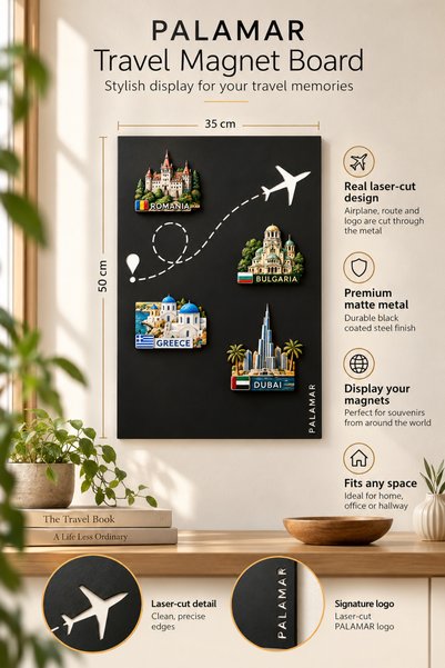 Palamar Turhan 35 X 50 cm Siyah Uçak Rota Tasarımlı Metal Magnet Biriktirme Panosu (Mıktanıs Hediyeli), Not ve Fotoğraf Biriktirme Panosu