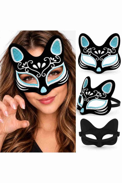 Skygo Velvet Textured Black Cat Mask with Silver Glitter Pattern