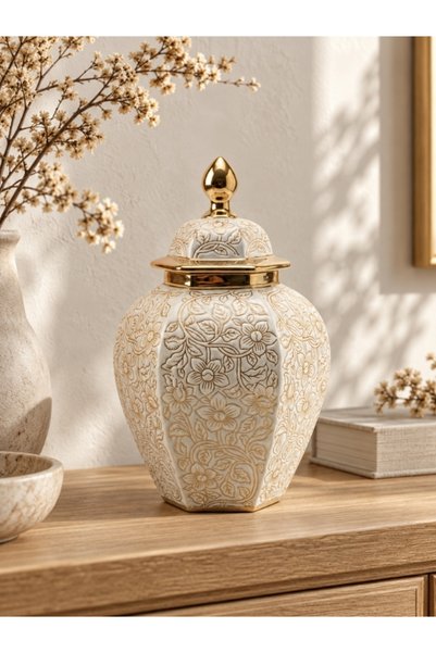 Alya Maison Altıgen Kapaklı Seramik Küp 33 cm Beyaz Altın Çiçek Desenli