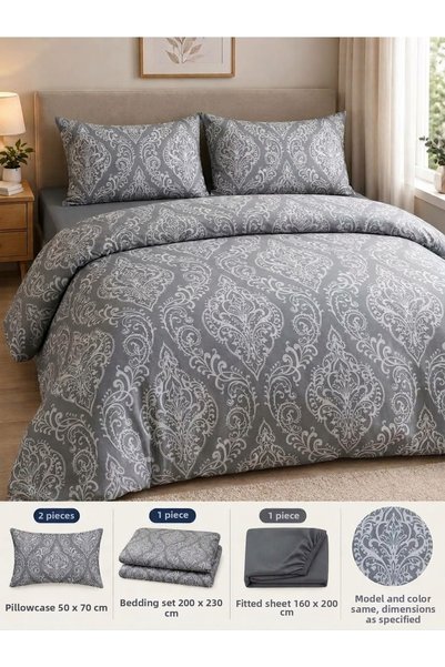 ELFİNA HOME Grey Patterned Double Duvet Cover Set