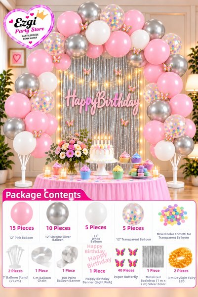 Ezgi Party Store Fairy Led Butterfly Macaron Pink Chrome Silver Birthday Conc...