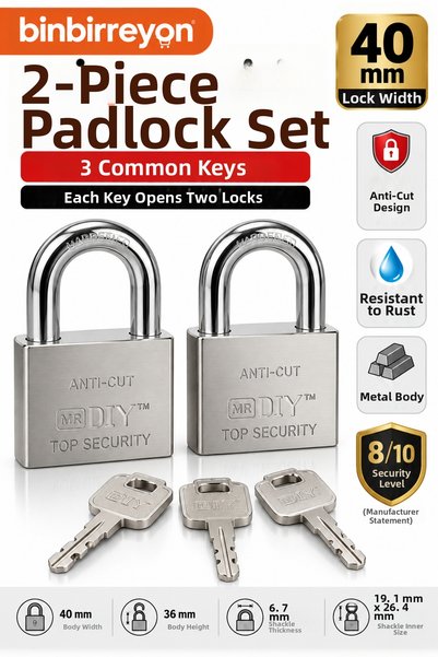 Binbirreyon 2 Pcs Cut Resistant Padlock Set 40mm with 3 Common Keys Pd064