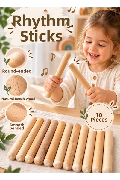 tiny wood 10 قطع من عصي الإيقاع الخشبية - لعبة موسيقية وإيقاعية من الخشب الطبيعي