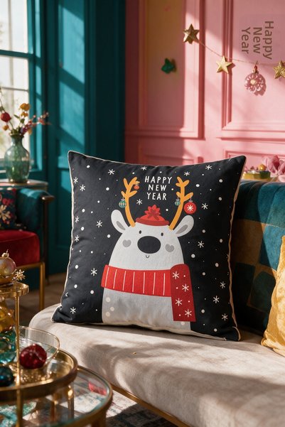 LadiesHome New Year Themed Throw Pillow Cover 43X43 cm Digital Printed Decora...
