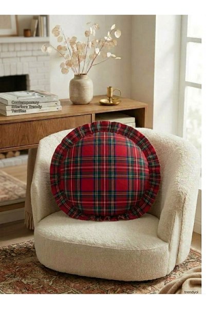 Angels' Collection Round Ruffled Plaid Throw Pillow - Filled with Inner Padding