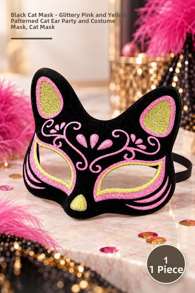 Yenilig 1 Piece Black Cat Mask – Party and Costume Mask with Glittery Pink an...