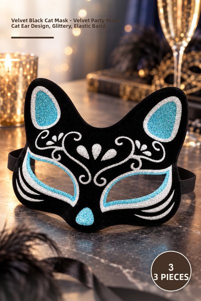 Yenilig 3 Pieces Velvet Textured Black Cat Mask – Velvet Party Mask, Glitter ...