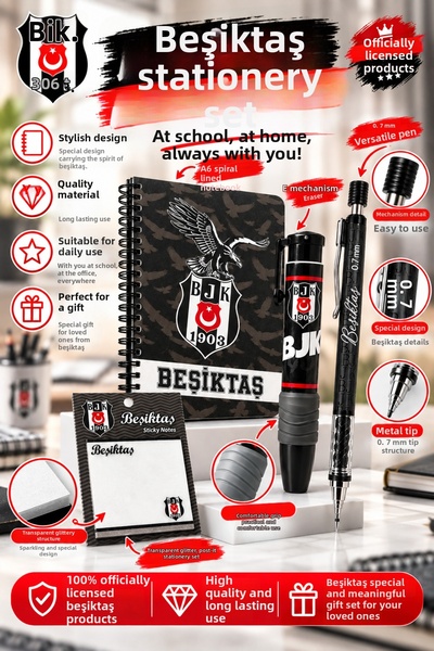 Beşiktaş دفتر ملاحظات A6 بخطوط حلزونية مرخصة، قلم ذو رأس متعدد الاستخدامات 0....