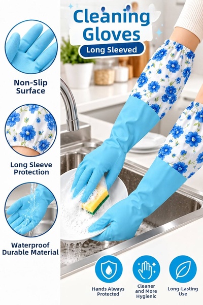 BuradaBuldun Long Sleeve Cleaning Gloves Floral Pattern Waterproof Dishwashin...