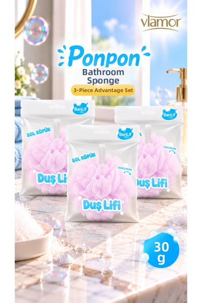 Vlamor Banlif Ponpon Bath Loofah Pink 30 Gr, Soft Shower Sponge 3-Piece Advan...