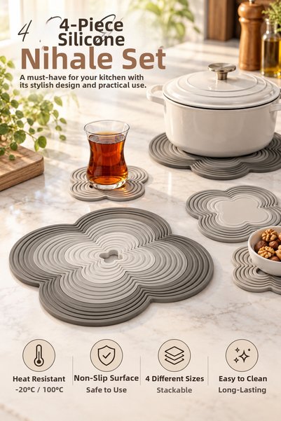 Binbirreyon 4 Pieces Nested Silicone Trivet Set 20,5X20,5Cm Non-Slip 100 Degr...