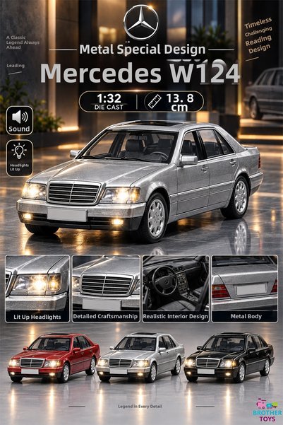 SCOWETTO سيارة مرسيدس W124 معدنية بتصميم خاص مع أضواء وصوت 13.8 سم.