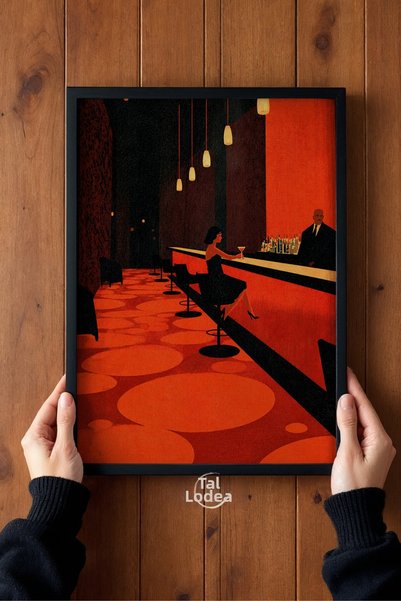 tablodea Noir - Retro Cocktail Bar Painting – Premium Printed Natural Wood Fr...