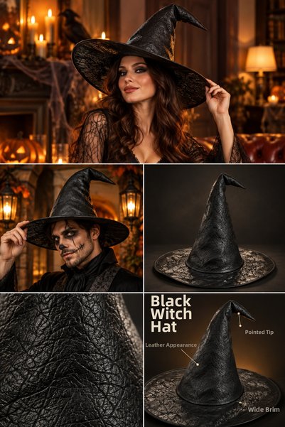 DODOMAR Καπέλο μάγισσας για το Halloween, πολυτελές μαύρο δερμάτινο μοντέλο μ...