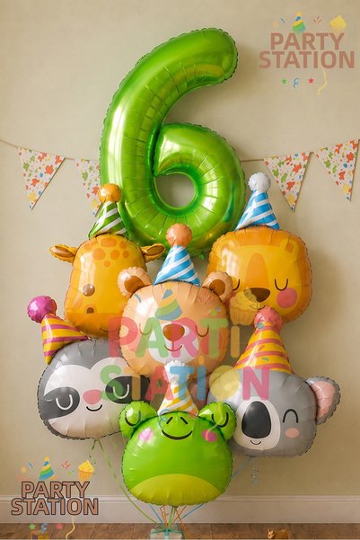 Parti Station Safari Animals Concept 1 Year Old Green Balloon Set 7 Piece Ani...