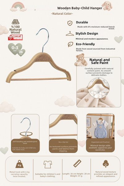 NYN Wooden 8000 0-3 Years Old 26cm Baby-Child Hanger with Bar Natural Color 6...