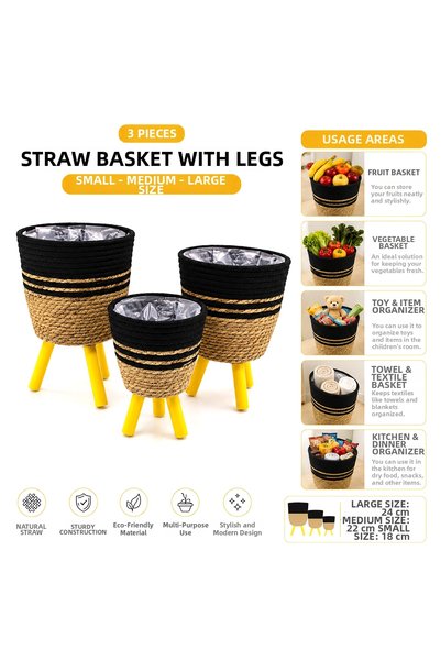 INURA GLOBAL Alvetro Footed Wicker Wooden Basket Set 3 Pieces Mixed Pattern 6...