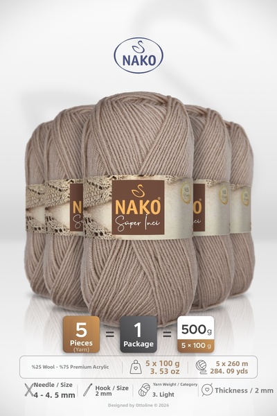 NAKO سوبر إنسي • خيط حياكة يدوي من مزيج الصوف والحليب (12383) • عبوة من 5 × 1...
