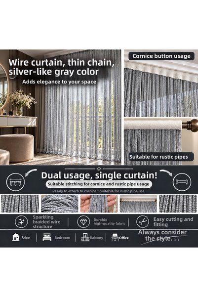 AKÇA TEKSTİL Ip Curtain Special Series Curly Silver Silvery Gray Color (Corni...